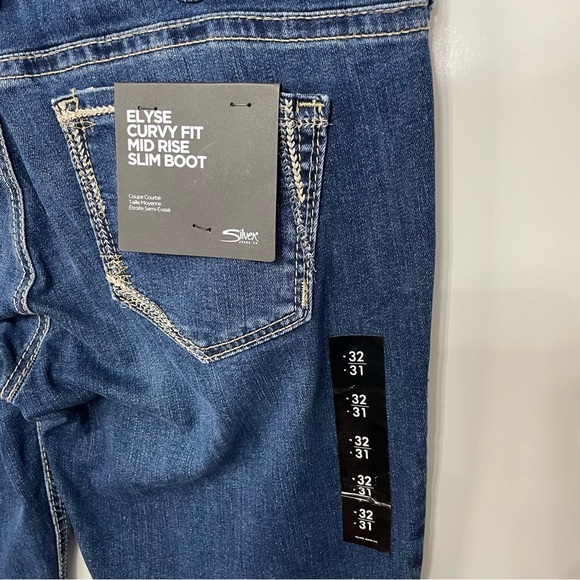 Silver Jeans Elyse Curvy Mid Rise Slim Boot Dark Blue, size 32/31 - Picture 7 of 10